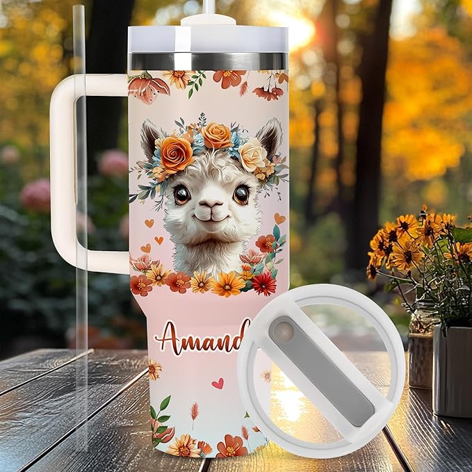 AGGLOMEKC Personalized Cute Llama Cup - Mother's Day Birthday Gift For Animal Lovers - Just A Girl Who Loves Llama Tumbler 40oz With Custom Name - Pet Lover Gifts For Women, Her