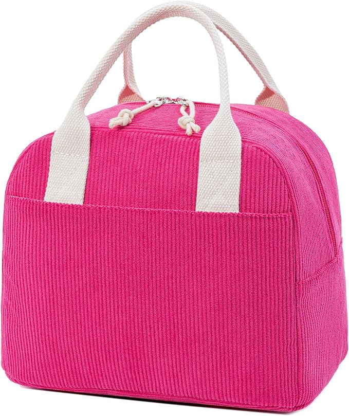 LOVELYWIND Insulated Lunch Bag for Women Men, Stylish Corduroy Tote Bag with Aluminum Lining, Large Capacity Reusable Cooler for Work, Travel, or Beach, Berry Red Lunch Box