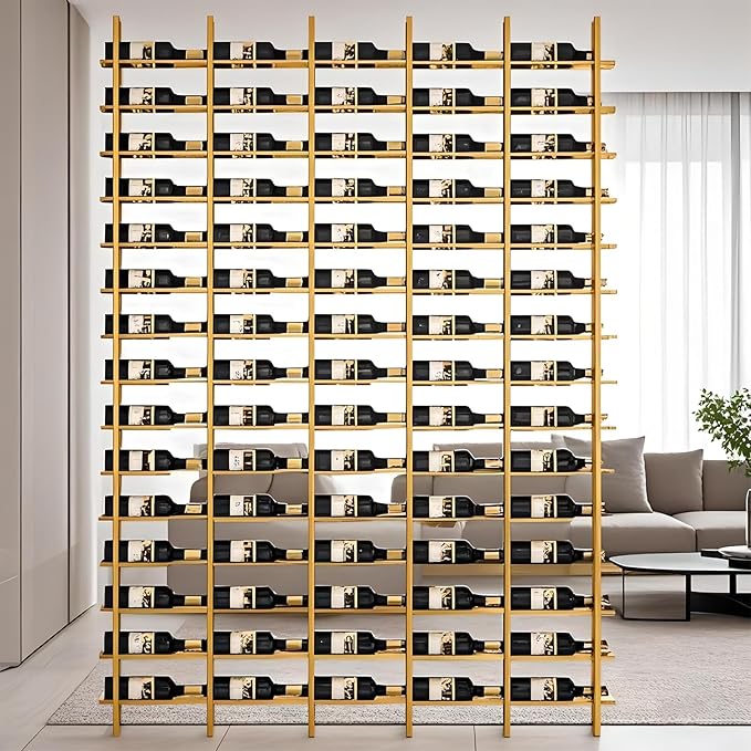 Wall Mounted Wine Rack, H 94.49inch, 16 Rows, Gold 48 Bottle Wine Cellar Racks, Metal Wine Bottle Holder for Home Bar, Wine Kitchen Storage (Gold, 3 Columns竊?8 Bottles竊?
