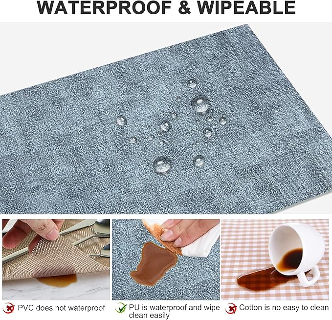 LANDVIEW Leather Heat Resistant Placemats Set of 6 Waterproof Wipeable Washable PU Table Mats,Easy to Clean Anti-Slip Place Mats (Blue, 6)