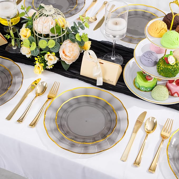 EI 150pcs Clear Black Dinnerware Set,Clear Black Fancy Plastic Plates with Gold Rimmed and Gold Plastic Silverware,Heavy Duty Party Plates Disposable for Afternoon Tea,Business Events,Hotel Banquets