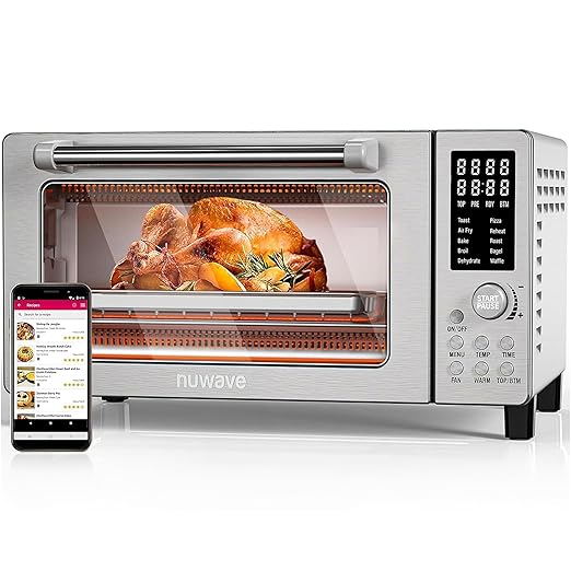 Nuwave Bravo Air Fryer Toaster Smart Oven, 10-in-1 Countertop Convection, 1800 Watts, 21-Qt Capacity, 50째-450째F Temp Controls, Top and Bottom Heater Adjustments 0%-100%, PFAS Free, Stainless Steel