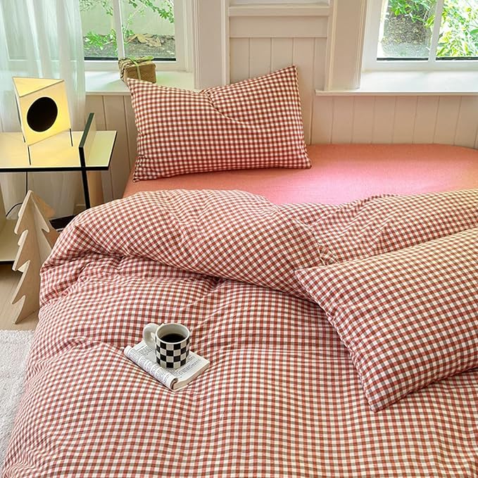 LifeTB Gingham Comforter Set King Modern Style Plaid Checkered Pattern Comforter Soft Fluffy Gingham Bedding Set Lightweight Red Orange Grid Bedding Comforter Farmhouse Checkered Comforter Set