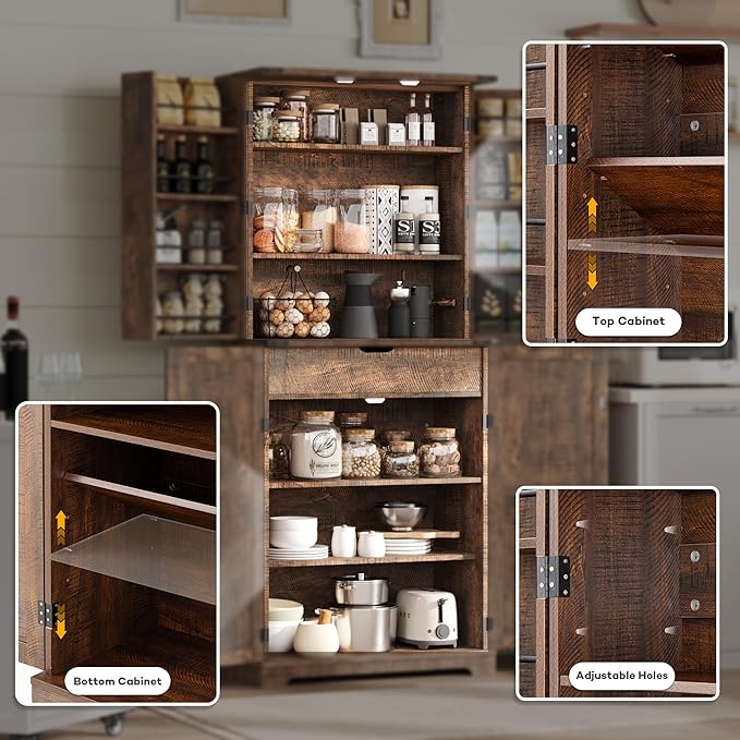 COSIEST 72'' Kitchen Pantry Cabinet, Tall Storage Cabinet with Organizer, Drawer and Adjustable Shelves, Freestanding Cupboard, Storage Cabinets for Kitchen, Dining Room, Bathroom, Rustic Brown