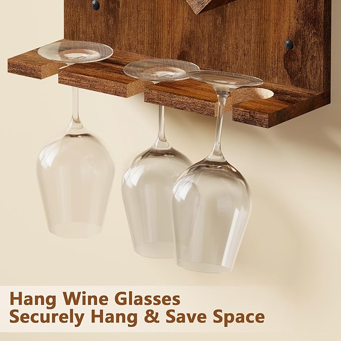 Hoctieon Wine Rack Wall Mounted, 6 Bottles Wood Wine Rack for Display and Storage, Hanging Bottle Holder Bar Shelves for Living Room, Kitchen, Dining Room, Wine Cellar, Rustic Brown
