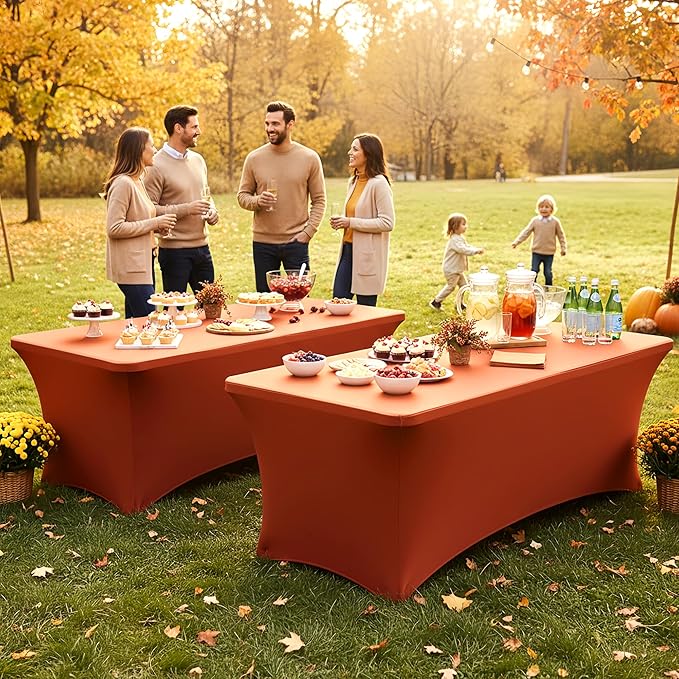 Enjoyidea Table Cover for 6 Foot Rectangle Tables-8 Pack Rust Fitted Stretch Fall Tablecloth-Spandex 6ft Thanksgiving Tablecloths for Party, Vendor Booth Display, Banquet Event, Craft Trade Show