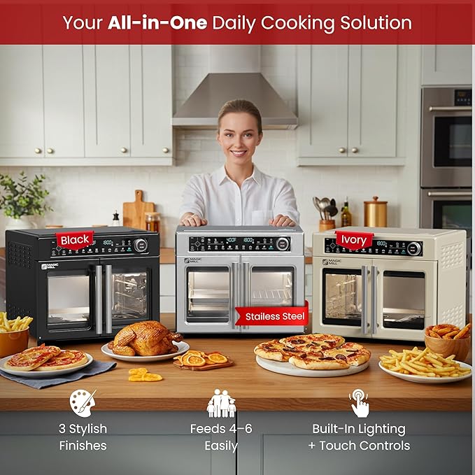 Magic Mill Ultra-Premium Dual-Zone Stainless Steel Air Fryer Toaster Oven Combo, Extra Large 32QT French Door Convection Oven with Next-Gen Patent Technology, 13 Accessories, Rotisserie, Sync Finish