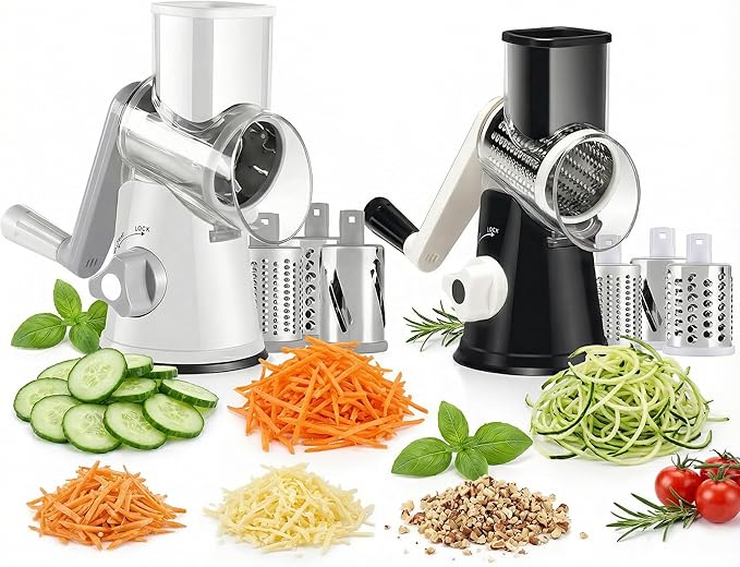 Manual Multi-Function Vegetable Slicer & Grater ??Interchangeable Blades for Shredding, Slicing, Shaving (Vegetables, Cheese, Nuts) (2, White, black)