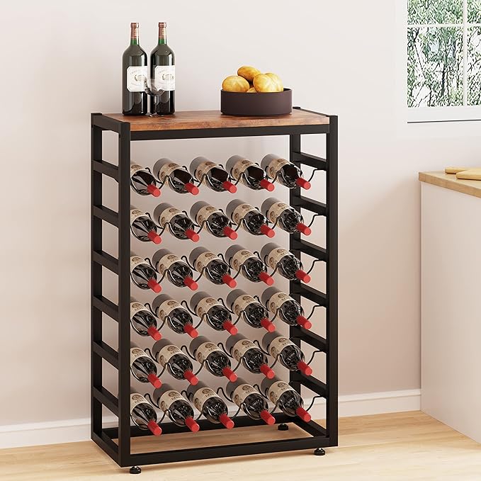 Dripex 30 Bottles Wine Rack Free Standing Floor, 6-Tier Display Wine Storage Shelves with Wooden Table Top, Sturdy Metal Bottle Holder for Kitchen Bar Pantry 23.2''L x 11.8''W x 34.7''H