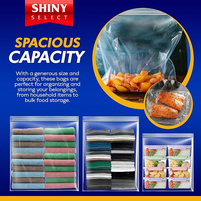 X-Large Bags, Jumbo Big Zip & Lock Freezer & Storage Bags, 5 Gallon, 18"x24" Clear, 50 Pieces