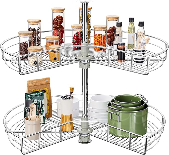 DWVO 31??Kidney 2-Tier Lazy Susan ??Telescoping Mount Corner Cabinet Organizer with Pie-Shelf Design, for Bathroom,Kitchen Cabinet Blind Corners (Chrome, 270째 Adjustable)