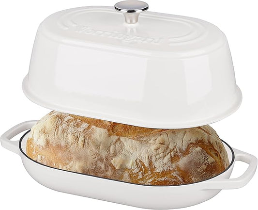 Enameled Cast Iron Dutch Oven Pot with Dome Lid, Oval Bread Oven for Homemade Sourdough Bread Baking, Oven Safe up to 500째F, 6 Quart, White