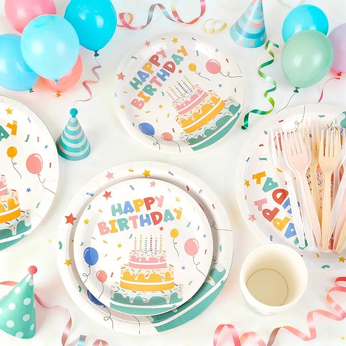 Childom 96 Pcs Birthday Party Supplies Set,Disposable Plates for Birthday Decorations,Paper Plates Cups Plastic Forks Dinnerware Sets for Parties,Party Tableware Set for Dinner,Outside,Picnic,Serve 24