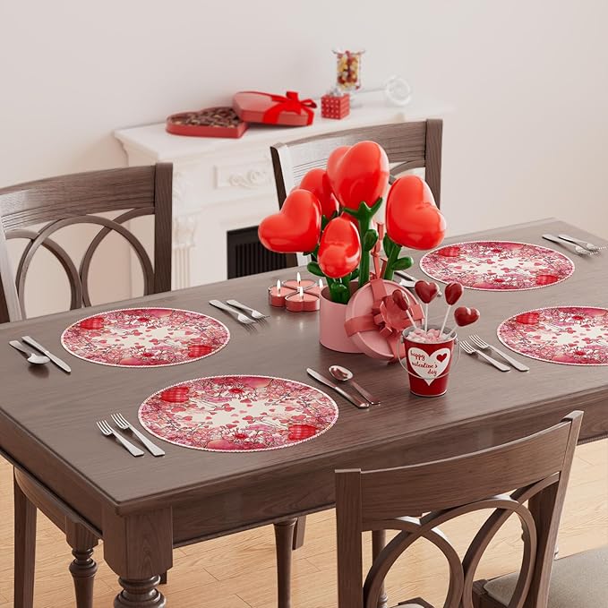 XCHI Wild Flowers Love Hearts Valentine?셲 Day Round Placemats Set of 4 Table Mats for Party Home Kitchen Dining Table Decorations 14x14 Inch