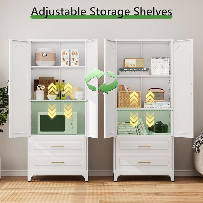 75??Tall Kitchen Pantry Cabinet,Metal Storage Cabinets with Doors and Adjustable Shelves竊똌odern Kitchen Hutch Cabinet,Freestanding Cupboard for Dining Room