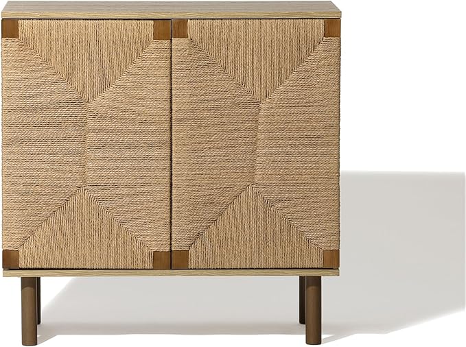 LuxenHome 31" Sideboard Buffet Cabinet with Storage, Seagrass Boho Accent Cabinet, Mid Century Modern Small Sideboard Storage Cabinets for Kitchen, Living Room, Entryway
