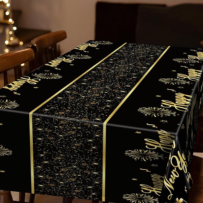 6 Pcs Happy New Year Tablecloth, 108" x 54" Rectangle Table Covers for New Years Eve Party Supplies, Black and Gold Firework Nye Tablecover 2026, Holiday Table Cover for NYE Party Supplies 2026 Decor