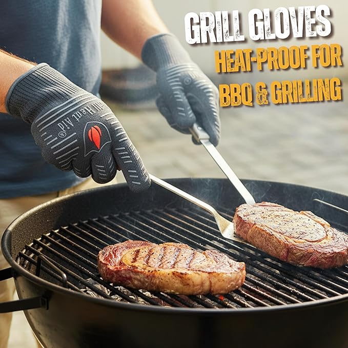 GRILL HEAT AID BBQ Grill Gloves 1472째F - Extreme Heat Resistant Oven Mitts for Grilling, Smoker & Fire Pit with Silicone Grip & EN407 Cut Resistance - Short Cuff, Dusky Gray