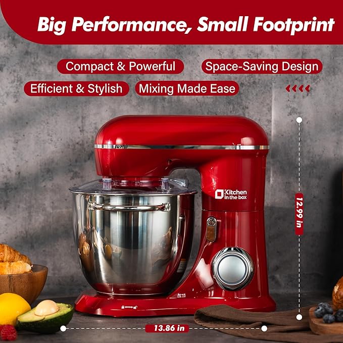 Kitchen in the box Stand Mixer, 6.5QT Electric Food Mixer, 10 Speeds 3-IN-1 Kitchen Mixer for Daily Use with Egg Whisk,Dough Hook,Flat Beater (Red, 6.5QT)
