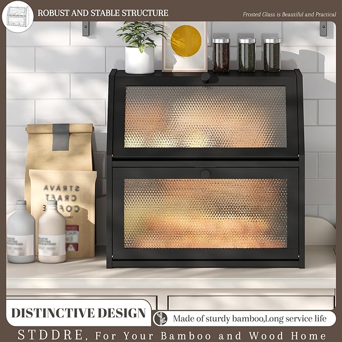 Bread Box for Kitchen Countertop Bin Double Layer Bread Box Storage Container Extra Large Capacity with Diamond Pattern Windows (Black, Extra Large)