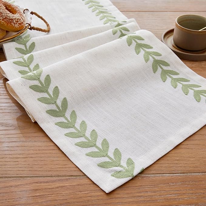 Wracra Embroidered Table Runner Irregular Willow Leaf Table Runners 60 Inches Long for Dresser Home Dining Table Decor,14 x 60 Inch, Light Sage Green