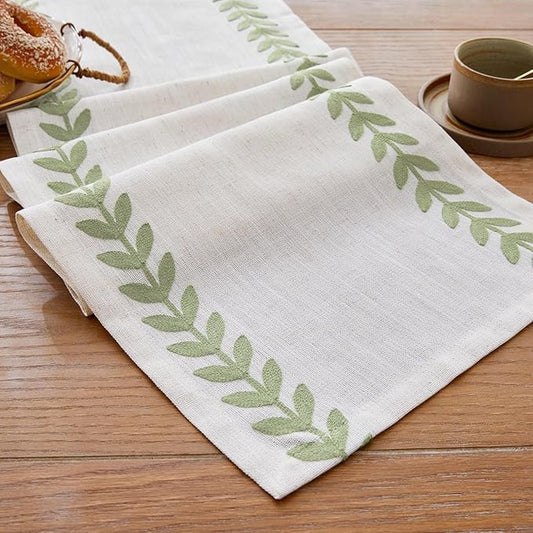 Wracra Embroidered Table Runner Irregular Willow Leaf Table Runners 48 Inches Long for Dresser Home Dining Table Decor,14 x 48 Inch, Light Sage Green