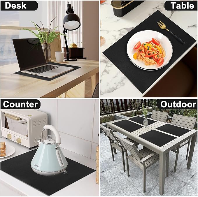 LANDVIEW Leather Heat Resistant Placemats Set of 6 Waterproof Wipeable Washable PU Table Mats,Easy to Clean Anti-Slip Place Mats (Black, 6)