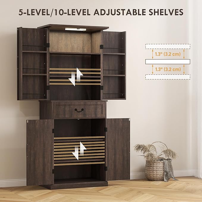 HOMCOM 71" LED Kitchen Pantry Cabinet, Farmhouse Tall Freestanding Storage Cabinet with Door Shelves, Adjustable Shelves and Drawer for Kitchen and Dining Room, Distressed Brown