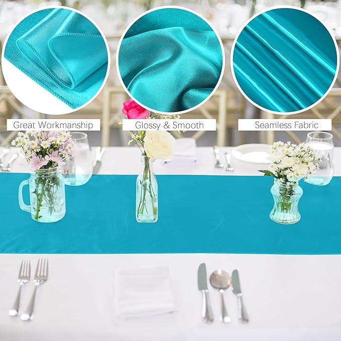 Aneco 4 Pack Satin Table Runner 12 x 108 Inch Teal Long Bright Silk and Smooth Fabric Party Table Runner for Wedding Banquet Party Decoration