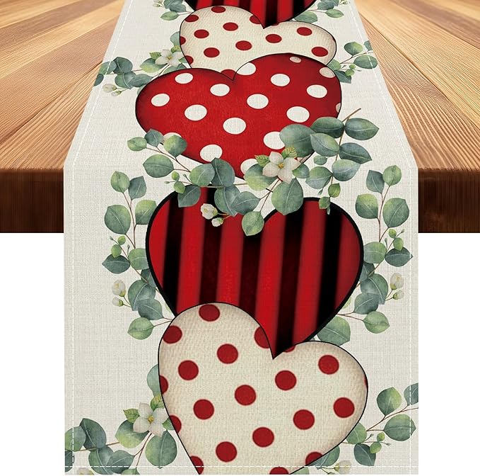 Valentines Day Table Runner 13x90 Inch, Eucalyptus Hearts Valentine Table Runner, Anniversary Home Kitchen Dining Table Holiday Party Decorations