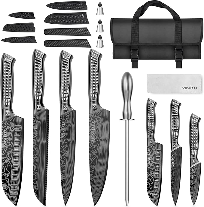 MOSFiATA Kitchen Knife Set, 12 Pcs Japanese Stainless Steel Knife Sets for Kitchen with Oxford cloth storage bag with Knife Sharpening Rod, Dishwasher Safe, For Outdoor(grey)