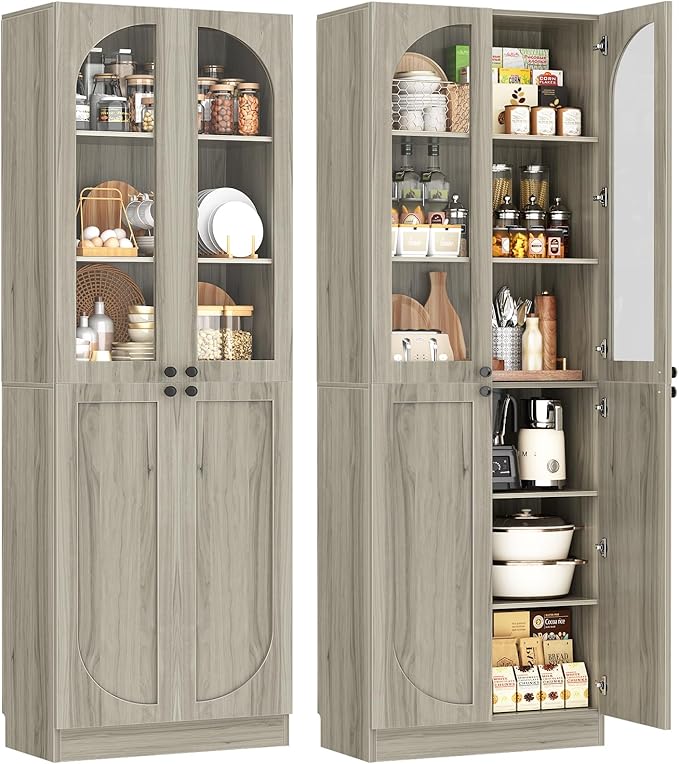 Cyclysio 80" Kitchen Pantry Cabinet, Tall Arch Storage Cabinet with Glass Doors, Freestanding Wood Floor Cupboard Bookcase with Seamless Fit Wall for Dining Room, Living Room, Bathroom (Ash Grey)