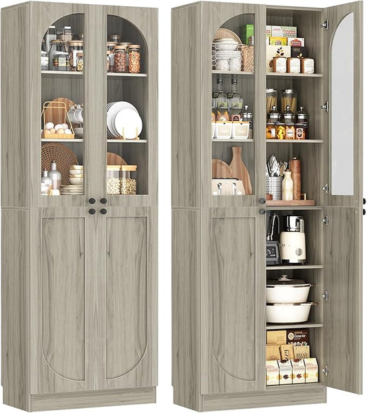 Cyclysio 80" Kitchen Pantry Cabinet, Tall Arch Storage Cabinet with Glass Doors, Freestanding Wood Floor Cupboard Bookcase with Seamless Fit Wall for Dining Room, Living Room, Bathroom (Ash Grey)