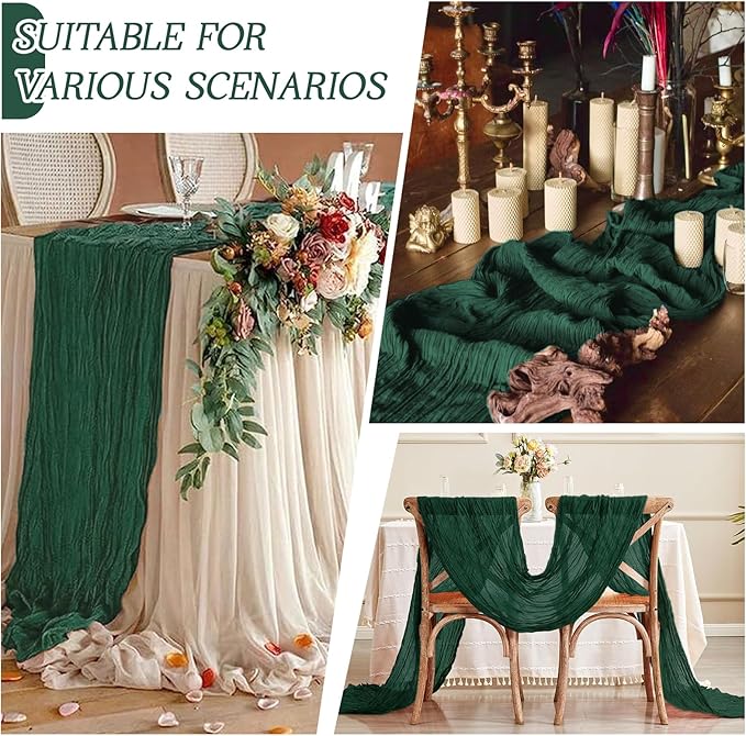 RealBox 3 Pack Emerald Green Cheesecloth Table Runner 17x108 Inch Semi Sheer Boho Gauze Cheese Cloth Fabric Table Runners Table Decor for Wedding Party Baby Shower Birthday Home Decor Garden Farmhouse