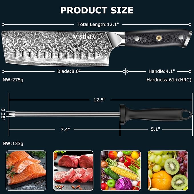 MOSFiATA 7'Nakiri Knife Damascus Professional Sharpe Chef Knife竊?Kitchen Knifed Damascus Steel VG-10 Blade with Ergonomic Handle Sharpener