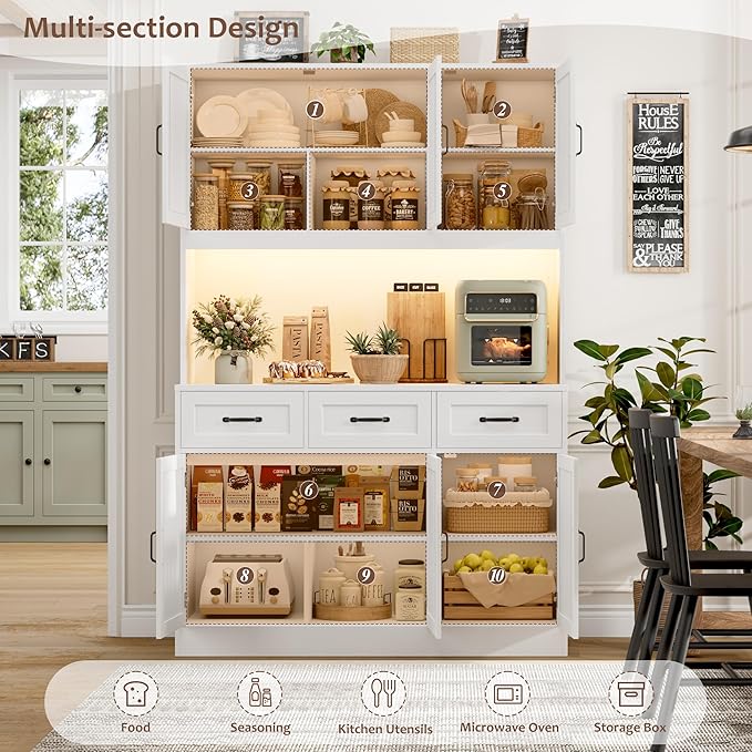 HOSTACK 72" Tall Kitchen Pantry Cabinet with Charing Station | LED Lights, 47" W Kitchen Pantry Storage Cabinet with Countertop, Modern Kitchens Hutch Cabinets with Storage for Dining Room, White