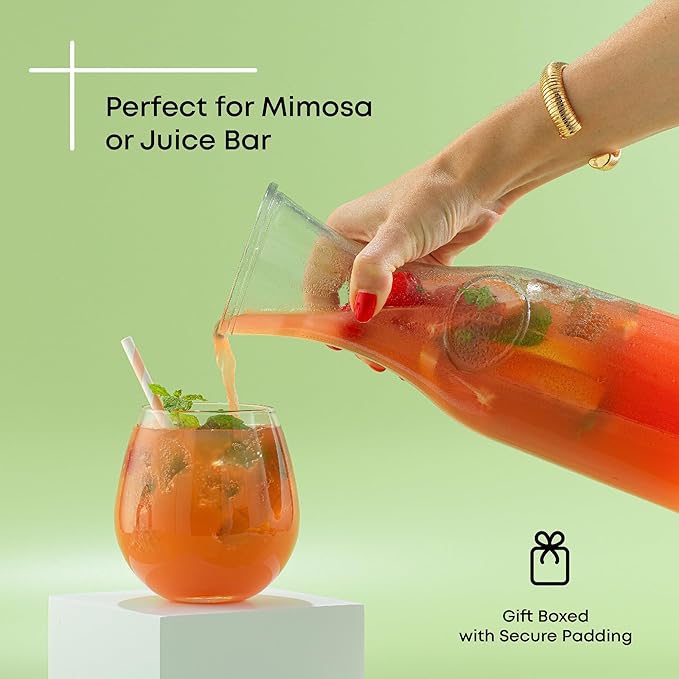 JoyJolt Glass Carafe with Lid, Set of 4 ??1 Liter Glass Pitcher for Mimosa Bar, Water, Iced Tea, Juice, Wine, Lemonade, Milk ??Dishwasher Safe Beverage Drink Dispensers for Brunch, Parties