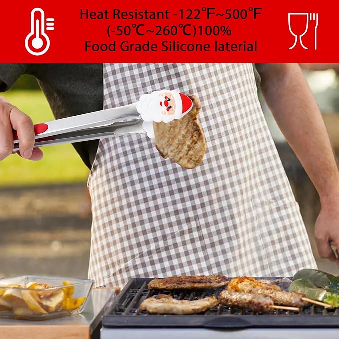 Kitchen Tongs, Premium Stainless Steel, Food-Grade Silicone Tips with Christmas Design, Heat Resistant 500쨘F, 2-Piece Set (9'' and 12'')