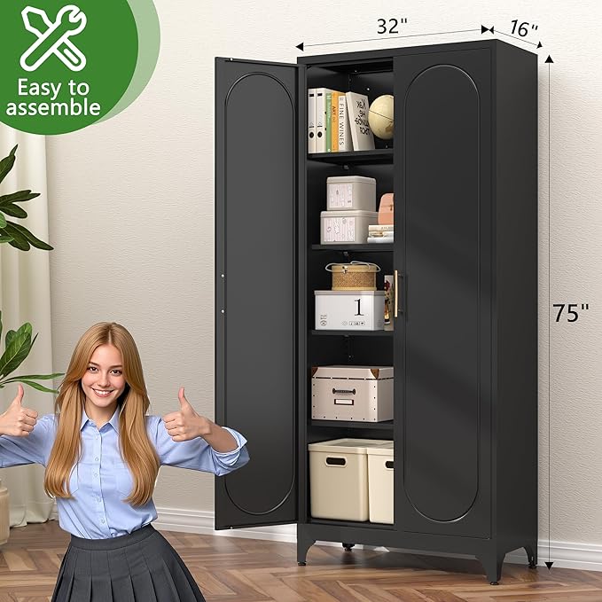 75??Tall Kitchen Pantry Cabinet,Metal Kitchen Storage Cabinet with Doors and Adjustable Shelves,Modern Hutch Cabinets,Freestanding Cupboard for Dining Room