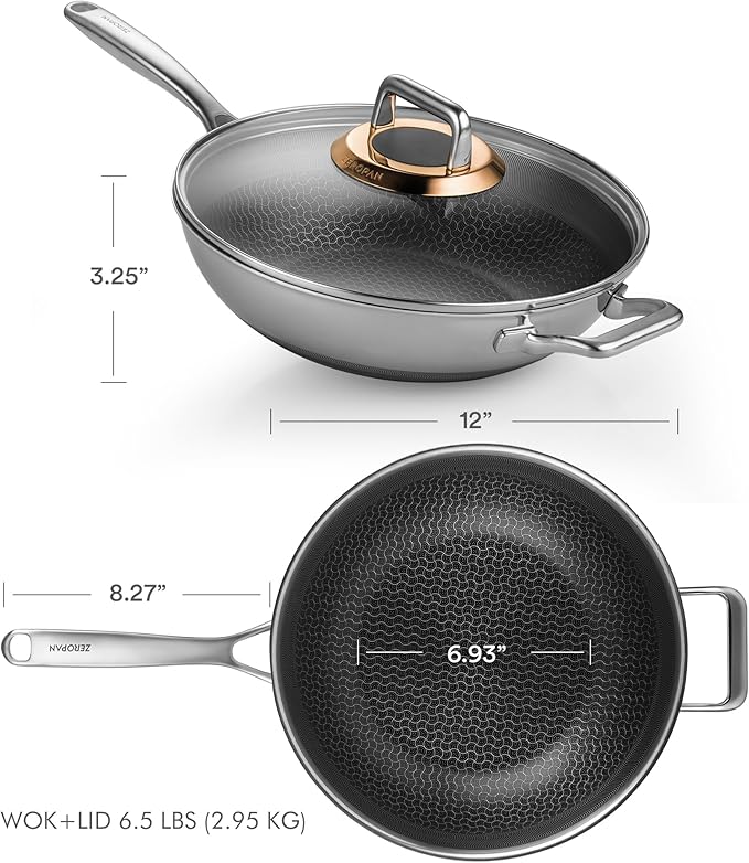 Hybrid 12-Inch Wok with Lid,Nonstick Stainless Steel Woks & Stir-fry pans,Wok Pan,PFAS PFOA PTFE Free,Dishwasher-Friendly,Oven-Safe Up to 600째F,Compatible with All Cooktops