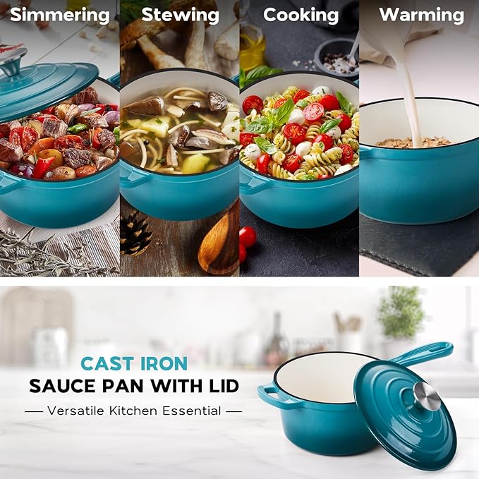Onader Enameled Cast Iron Sauce Pan, 2QT Saucepan with Lid, Small Cast Iron Pot for Cooking, Enamel Dutch Oven Nonstick & Heavy Duty ??Dark Cyan