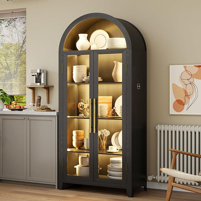 Arch Storage Cabinet with Tempered Glass Door, 71??Arched Display Floor Cabinet, 5 Tier Farmhouse Buffet with Storage for Dining Room, Living Room, Home Office or Kitchen(Black)
