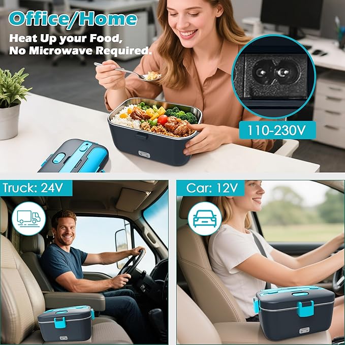 COZYEXPERT Electric-Lunch-Box-Heated-Food-Warmer 100W Heating Lunchbox for Adults 1.8L Portable Food Heater for Work/Car, 12V/24V/110-230V Lonchera El챕ctrica Port찼til with Fork Spoon (Gray+Blue)