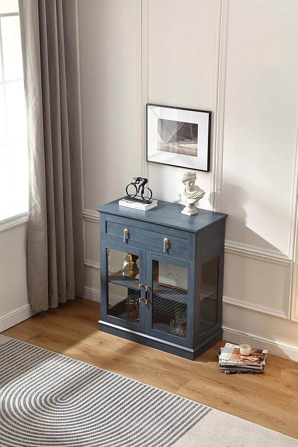 31.5'' Accent Small Buffet Cabinet with Storage, Buffet Sideboard with Two Glass Doors and a Drawer,Small Coffee bar Cabinet with Adjustable Shelf,for Kitchen and entryway,Blue