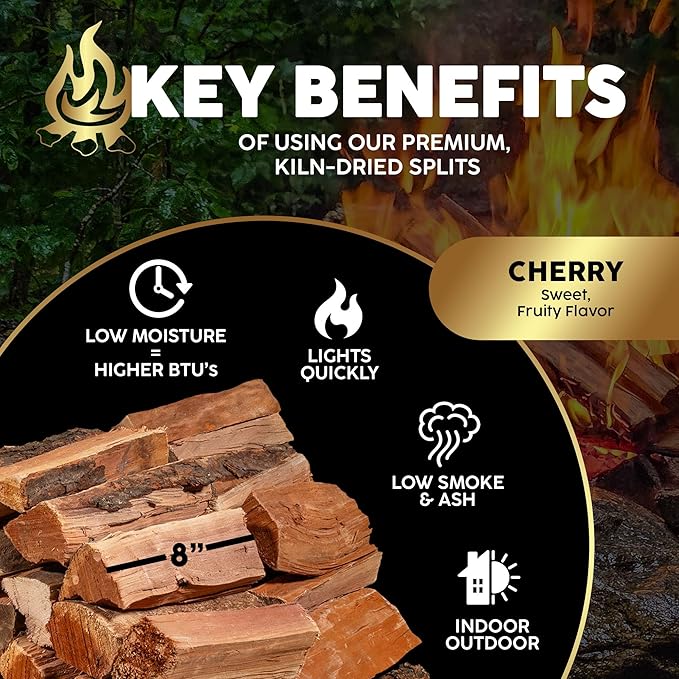 Firewood Central Kiln-Dried PA Cherry ??8??Splits (Approx 39.5 lb) ??Sweet Smoking Woodfor Pizza Ovens, Grilling, Smoking, BBQ, Stoves & Fire Pits ??Sweet Fruity Flavor, USA-Sourced