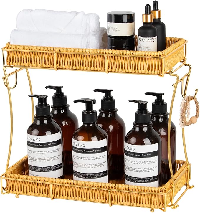 Bathroom Organizer Countertop Perfume Organizer Makeup Organizer Cosmetics Storage Display Rack Vanity Tray, Handwoven Imitation Rattan Tray Perfume Holder for Dresser, Kitchen, Counter (Gold)
