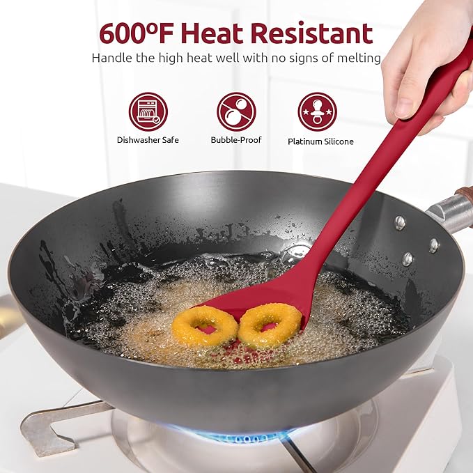 U-Taste 600쨘F Heat Resistant Wok Spatula: 13.76" Long, 3.63" Wide Silicone Cooking Utensils with Flexible Edge & Sturdy Core, for Kitchen Stir Fry, Serving, Scoop, in Non-Stick Pan, Carbon Steel (Red)