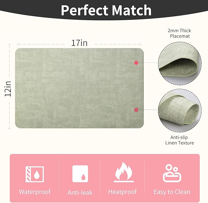 Maxpearl Faux Leather Placemats Set of 6 - Waterproof - Wipe Clean - Heat Resistant - Anti Slip Dining Table Place Mats, Suitable for Indoor & Outdoor Use, 17?쇺셹12?쇺? Sage Green