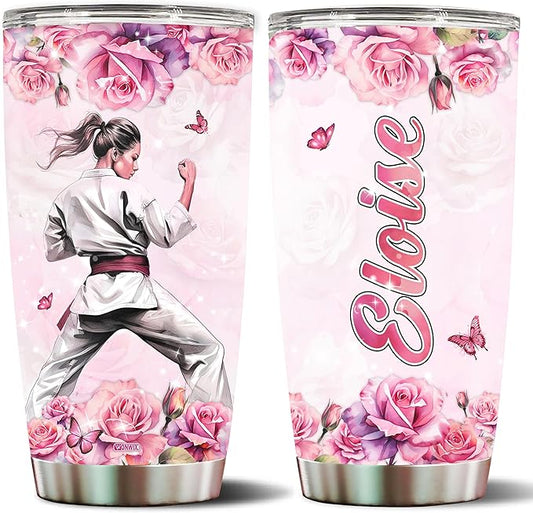 WONWIX Personalized Karate Tumbler for Girls, Stainless Steel Insulated 20oz Travel Cup Mug Water Bottle Perfect Birthday Mother's Day Valentine Christmas Gift for Women, Wife, Daughter