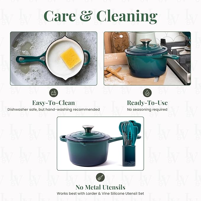 Larder & Vine Enameled Cast Iron Saucepan | 2.2 qt Sauce Pan with Lid | Saucepan with Pour Spouts | Enameled Cast Iron Pot Compatible on All Cooktops & Oven Safe to 500째 F | Bondi